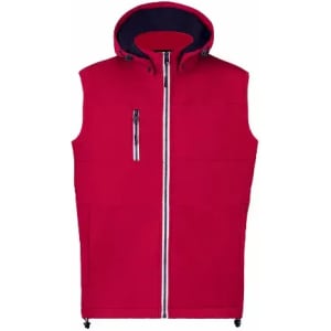 A red sleeveless jacket with a hood and a front zip, featuring a zippered pocket on the chest.
