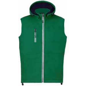 A green sleeveless jacket with a hood and a zippered front, featuring a chest pocket.