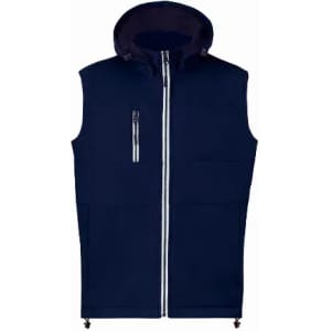 A navy blue sleeveless vest with a hood, featuring a front zip and a zippered pocket.
