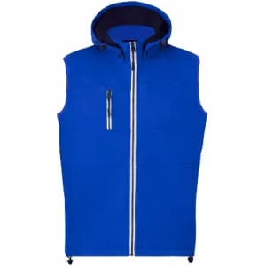 A blue sleeveless jacket with a hood and a zip front, featuring a chest pocket and adjustable bottom.