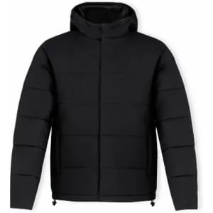 A puffer jacket in black with a hood and horizontal quilted design, featuring zippered side pockets.