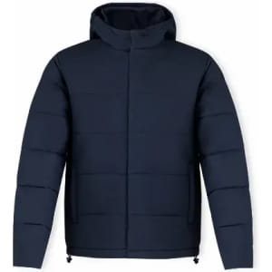 A dark navy puffer jacket with a hood, featuring a zip front and padded design. It has a logo on the chest.