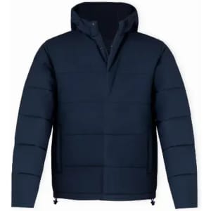 A navy blue puffer jacket with a hood and a zippered front. Features a quilted design.