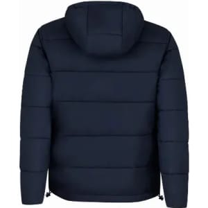 A puffer jacket in navy blue with a hood, featuring quilted stripes on the back. It has a simple design without visible logos.