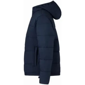 A navy blue puffer jacket with a hood, featuring a sleek and streamlined design.