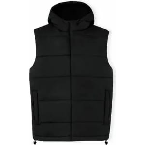 A black padded sleeveless vest with a hood and two front pockets. The vest has a smooth finish and no visible branding.