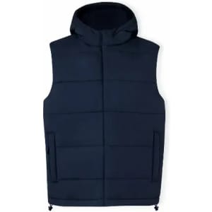A navy blue puffer vest with a hood and two side pockets. Features a minimalist design and subtle branding.