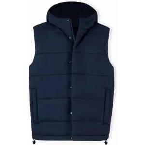 A navy blue puffer vest with a hood and snap buttons, featuring two side pockets.