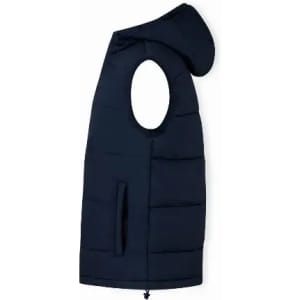 A sleeveless hooded puffer vest in navy blue, featuring a zip closure and side pockets.