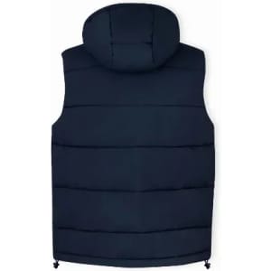 A navy puffer vest with a hood, featuring horizontal stitching and adjustable drawcords at the hem.
