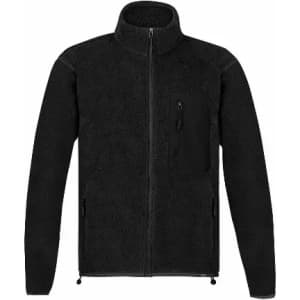 A black fleece jacket with a full front zip and a chest pocket, featuring a soft texture and stand-up collar.