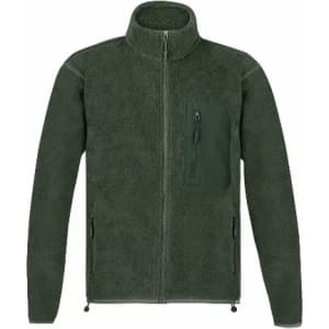 A green fleece jacket featuring a high collar and zippered front pocket, with additional side pockets.