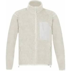 A fleece jacket in light beige with a zip-front, high collar, and a chest pocket. It features a logo on the sleeve.