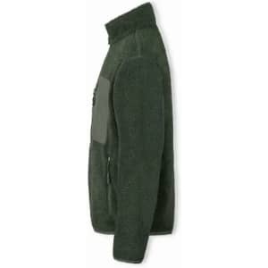 A green fleece jacket with a high collar and zip pockets, shown from the side.