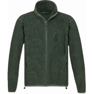 A green fleece jacket featuring a zip closure and a chest pocket. The fabric has a soft, textured finish.