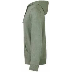A hoodie in a soft green colour, featuring a front pocket and a hood, displayed from a side angle.