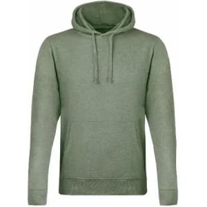 A green hoodie featuring a drawstring, front pocket, and long sleeves, with no visible branding.