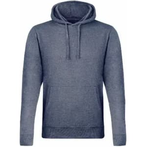 A navy blue hoodie featuring a front pocket and drawstring hood, designed for casual wear. It has a simple logo.