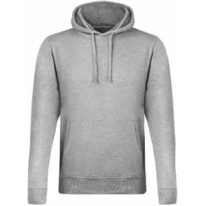 A grey hoodie with a front pocket and a drawstring hood, featuring a logo on the upper chest area.