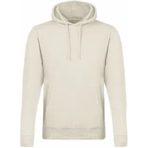 A beige hoodie featuring a front pocket and a drawstring hood, with a logo displayed on the front.