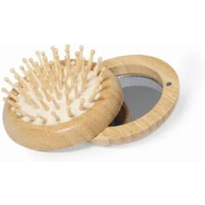 A wooden hairbrush with pegs and a round mirror, featuring a natural wood finish.