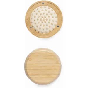 A round bamboo product with a textured top and smooth bottom, featuring a circular design and logo.