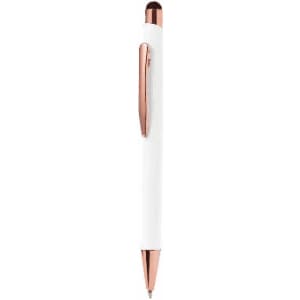 A white pen with a rose gold clip and tip, featuring a smooth, sleek design.
