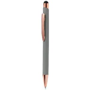 A pen with a grey body and rose gold accents, featuring a stylus tip. It has a sleek design and a clip.