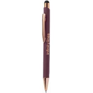 A metal pen in deep burgundy with a rose gold clip and tip, featuring a stylus on the end.
