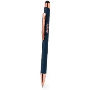 A pen with a navy blue barrel and rose gold accents, featuring a touch tip and a clip.