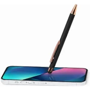 A sleek black pen with a rose gold clip sits atop a modern smartphone with a vibrant screen display.