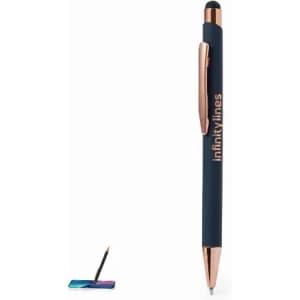 A navy blue pen with rose gold accents, accompanied by a small stylus. The pen has a logo on it.