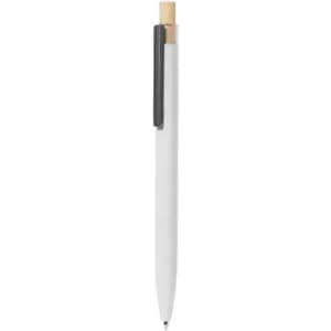 A pen with a white barrel, black clip, and bamboo accents. It features a sleek, minimalist design.