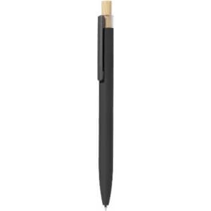 A black pen with a bamboo top and a metal clip, featuring a sleek, minimalist design.