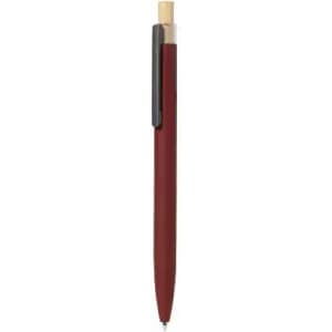 A pen with a burgundy body, black clip, and bamboo accent at the top. It features a logo.