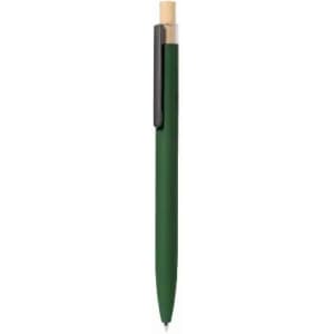 A green pen with a black clip and a beige top. The pen features a smooth design and has a logo on it.
