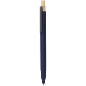 A pen with a navy blue body, a bamboo clip, and a black tip. The pen has a logo on its body.