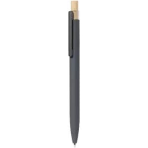 A pen featuring a sleek black body with a wooden accent at the top and a clip. It has a logo on the barrel.