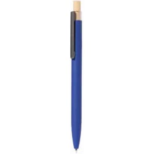 A blue pen with a wooden clip, featuring a smooth barrel and a black ink tip. It has a logo on the barrel.