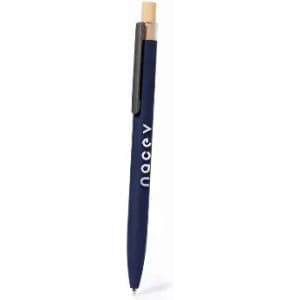 A navy blue pen with a wooden accent and a logo on its side. The pen has a standard click mechanism.