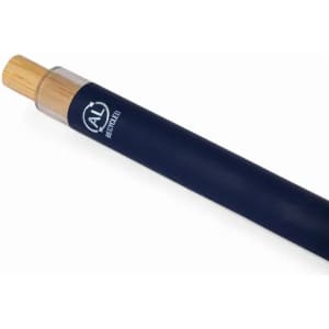 A drink bottle in navy with a bamboo lid and a logo; features a sleek, modern design.