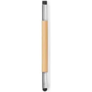 A stylus pen with a wooden barrel and silver metallic ends, featuring a black tip on each end.