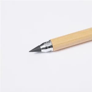 A pencil with a bamboo barrel and a silver metal tip, featuring a cone-shaped graphite point.