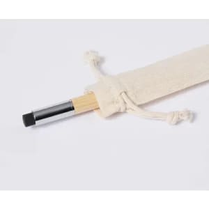 A bamboo drink bottle with a silver cap, housed in a cream-coloured fabric pouch with drawstrings.