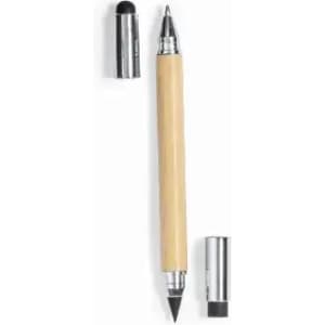A wooden pencil with a silver clip and removable caps for both a stylus and an eraser.