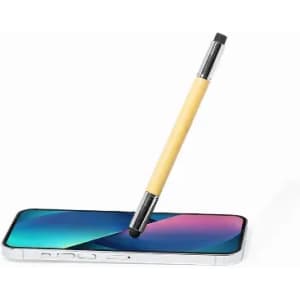 A stylus with a wooden body is resting on a smartphone screen, showcasing its touch capabilities.