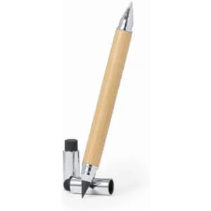 A wooden pen with chrome accents, angled beside a chrome cap.