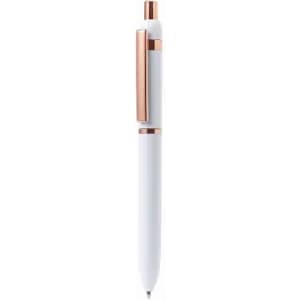 A pen featuring a white body with rose gold accents and a clip, designed for writing.