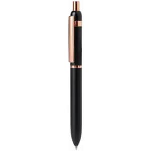 A black pen with a rose gold clip and accents. The pen features a sleek, minimalist design.
