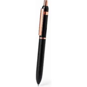 A pen featuring a black body with rose gold accents, including a clip and detailing.